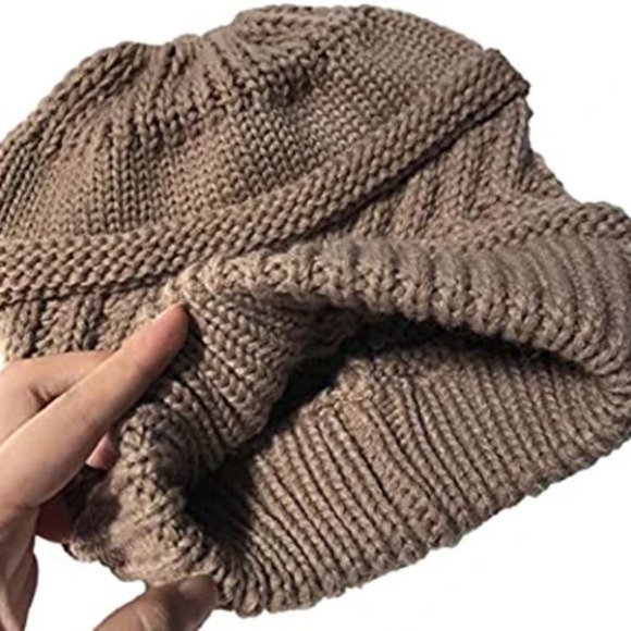 Brown Knit Warm Solid Beige Ponytail Beanie Hat - Picture 5 of 8